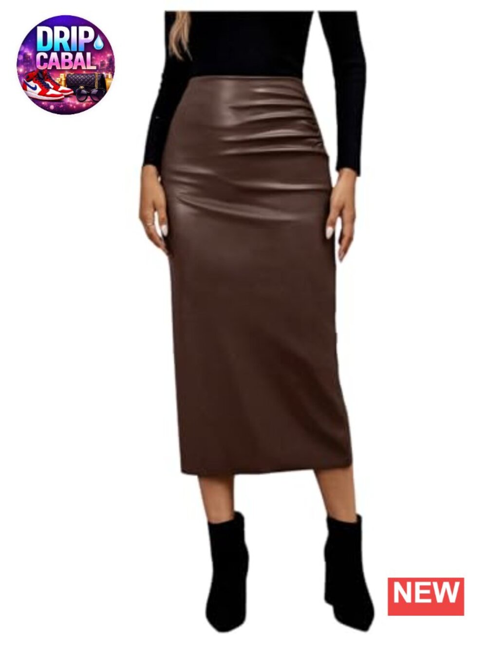 Faux Leather Slit Maxi Skirt Ruched Side High Waist Long Pencil